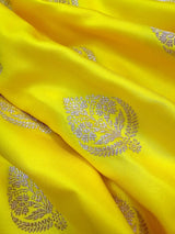 Bright Lemon Yellow Banarasi Mashru Silk Saree, Muted Gold Zari Weave, Small Border - Kaash Collection
