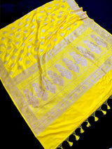 Bright Lemon Yellow Banarasi Mashru Silk Saree, Muted Gold Zari Weave, Small Border - Kaash Collection