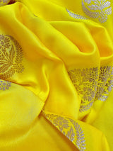 Bright Lemon Yellow Banarasi Mashru Silk Saree, Muted Gold Zari Weave, Small Border - Kaash Collection