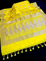 Bright Lemon Yellow Banarasi Mashru Silk Saree, Muted Gold Zari Weave, Small Border - Kaash Collection
