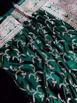 Semi Pure Dark Green Soft Mashru Silk handloom Saree with Muted Gold Banarasi Border and Pallu - Banarasi Mashru Silk Saree - Kaash Collection