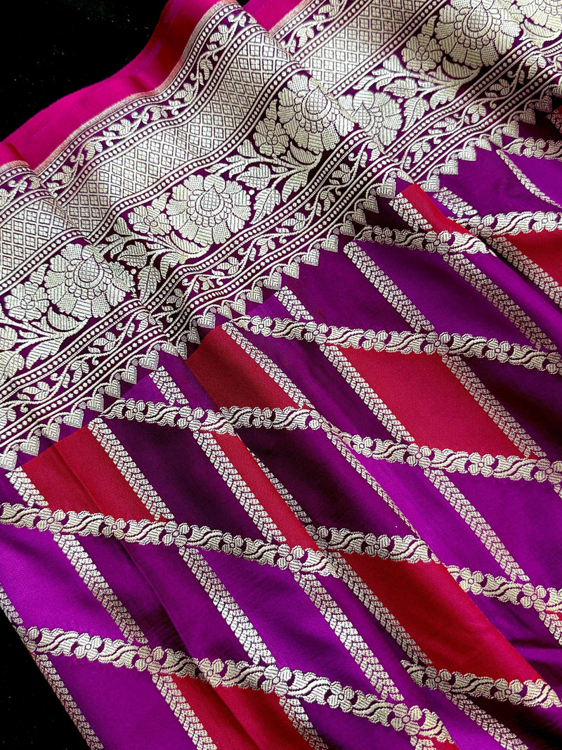 Purple and Maroon Mashru Silk Saree, Muted Gold Zari Weave - Kaash Collection