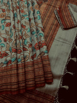 Deep Olive Green Color Semi Tussar Saree with Kalamkari and Radha Krishna with a Peacock Digital Prints - Kaash Collection