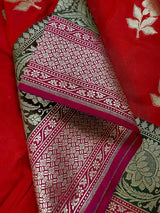 Red Handloom Banarasi Silk Saree with Pink border and Pallu with Floral Buttas - Kaash Collection