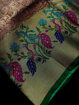 Statement Handmade Antique Gold Color Banarasi Brocade Tissue Silk Saree with Meenakari Paithani Border and Peacock Motifs - Kaash Collection