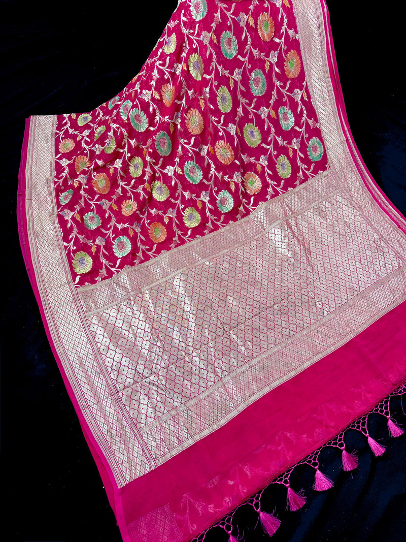 Silk Mark Certified Magenta Pink saree in pure khaddi georgette silk with water zari weave with hand brush floral design — Kaash Collection