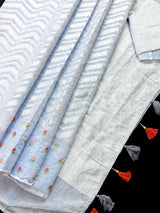 Ice Blue Color Linen blend with Cotton Silk Saree and Embroidery Floral buttis