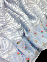 Ice Blue saree in linen blend with cotton silk with embroidered floral buttis on border — Kaash Collection