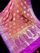 Rust Banarasi Semi Katan Silk Saree with undertone of Purple