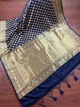 Navy Blue Traditional Banarasi Handloom Saree in Semi Banarasi Silk with Small Buttis
