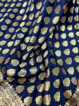 Navy Blue Traditional Banarasi Handloom Saree in Semi Banarasi Silk with Small Buttis