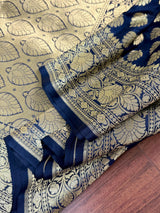 Navy Blue Traditional Banarasi Handloom Saree in Semi Banarasi Silk with Small Buttis