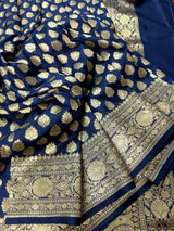 Navy Blue saree in semi banarasi silk with small zari buttis with muted gold border — Kaash Collection