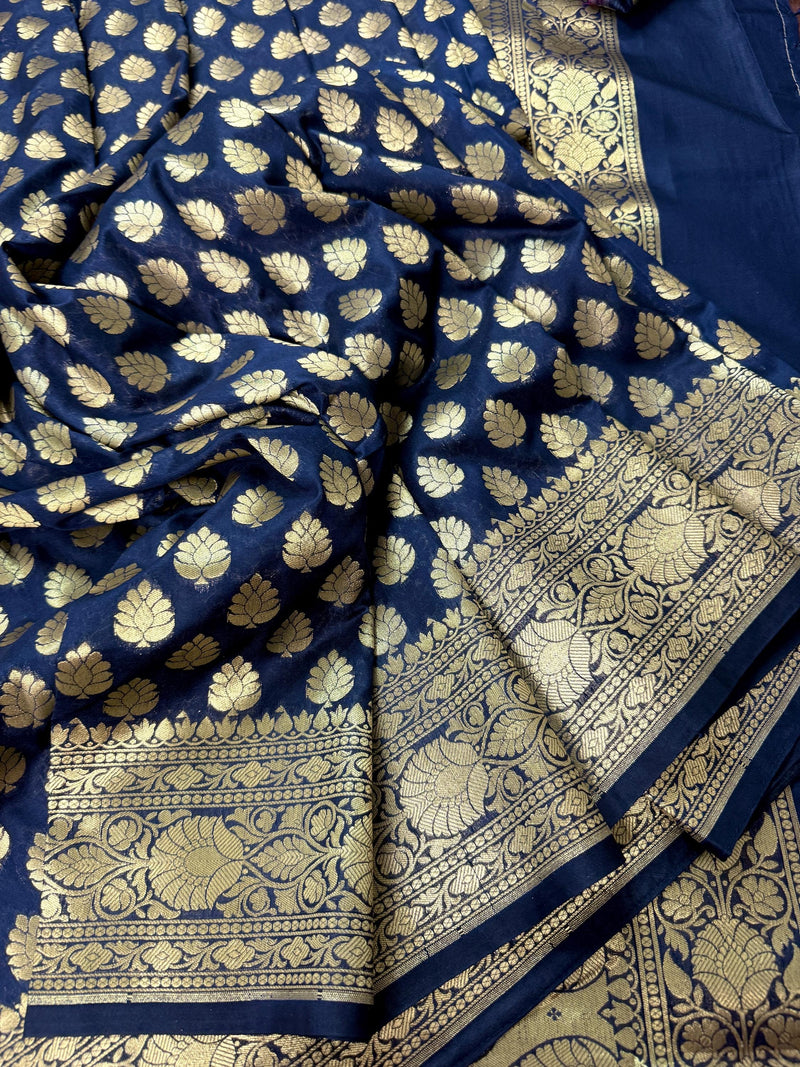 Navy Blue saree in semi banarasi silk with small zari buttis with muted gold border — Kaash Collection