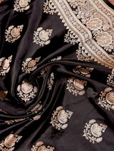 Black Color Mashru Silk Handloom Saree with Muted Gold Zari Weave | Banarasi Mashru Silk Saree | Party Wedding Wear Sarees