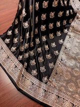 Black Color Mashru Silk Handloom Saree with Muted Gold Zari Weave | Banarasi Mashru Silk Saree | Party Wedding Wear Sarees