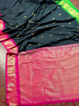 Black with Green and Hot Pink Border saree in soft gadwal silk with ganga yamuna temple border — Kaash Collection
