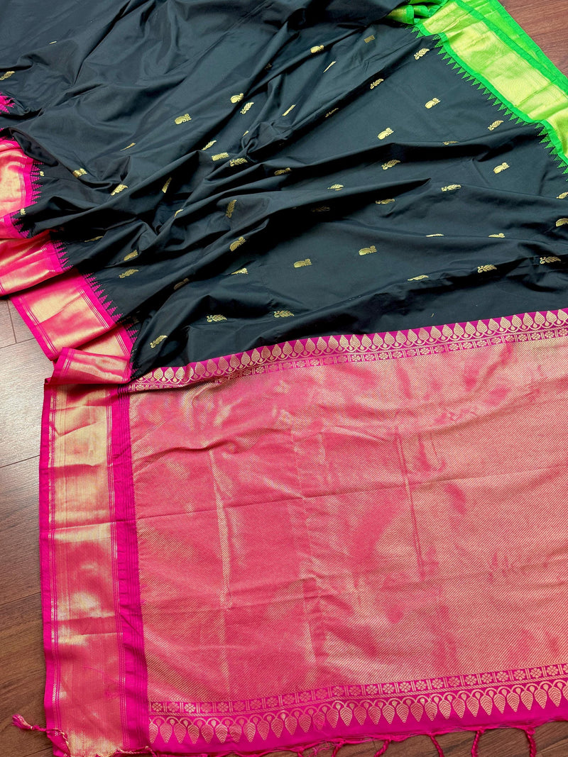 Black with Green and Hot Pink Border saree in soft gadwal silk with ganga yamuna temple border — Kaash Collection