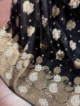 Black Organza Silk Saree with Antique and Sliver Zari, Floral design