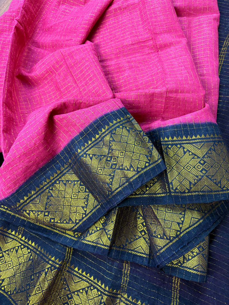 Deep Pink and Blue saree in madurai sungudi cotton with handmade sungudi with zari checks — Kaash Collection