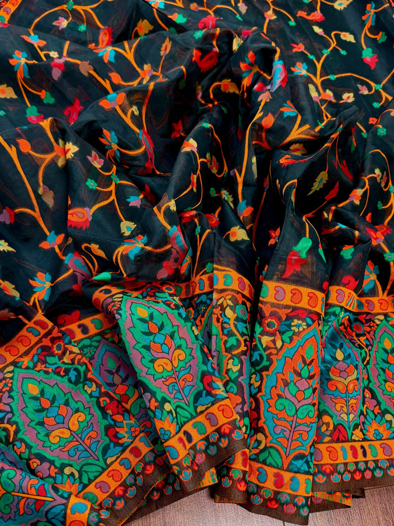 Black saree in cotton silk with kani handweave with floral jaal — Kaash Collection