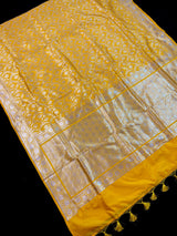 Yellow Color Pure Katan Silk Saree with Sliver Zari Weave, Silk Mark Certified