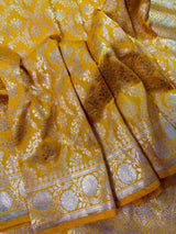 Silk Mark Certified Yellow saree in pure katan silk with silver zari weave — Kaash Collection