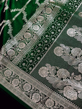 Green Handloom Mashru Silk Saree with Muted Gold Zari Weave Necklace Design