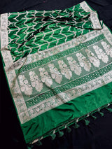 Green Handloom Mashru Silk Saree with Muted Gold Zari Weave Necklace Design