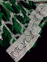 Green Handloom Mashru Silk Saree with Muted Gold Zari Weave Necklace Design
