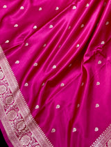 Deep Rani Pink Banarasi Mashru Silk Saree, Sliver Zari Weave, Small Buttis and Border
