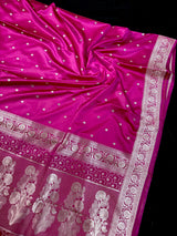Deep Rani Pink Banarasi Mashru Silk Saree, Sliver Zari Weave, Small Buttis and Border
