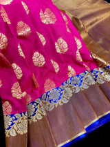 Pink with Royal Blue Border saree in banarasi handloom silk with gold zari floral buttas with wide antique zari border — Kaash Collection