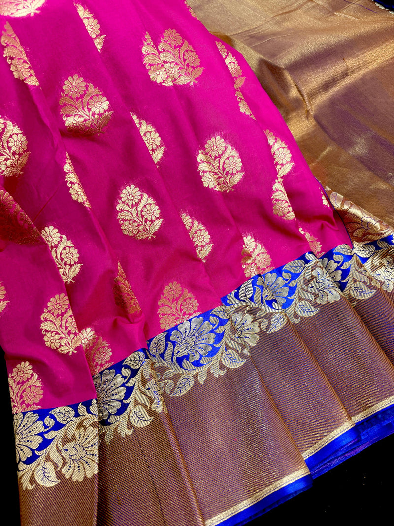 Pink with Royal Blue Border saree in banarasi handloom silk with gold zari floral buttas with wide antique zari border — Kaash Collection