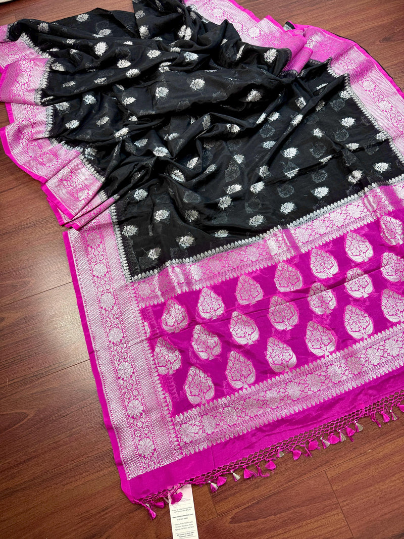 Black with Hot Pink Border saree in semi banarasi organza silk with banarasi border with silver zari weave — Kaash Collection
