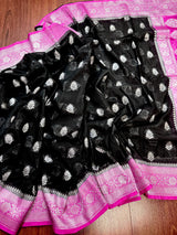 Black Semi Banarasi Organza Silk Saree with Hot Pink Border & Silver Zari Weave