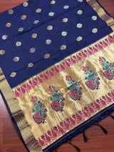 Navy Blue Paithani Soft Silk Saree with Muted Gold Zari