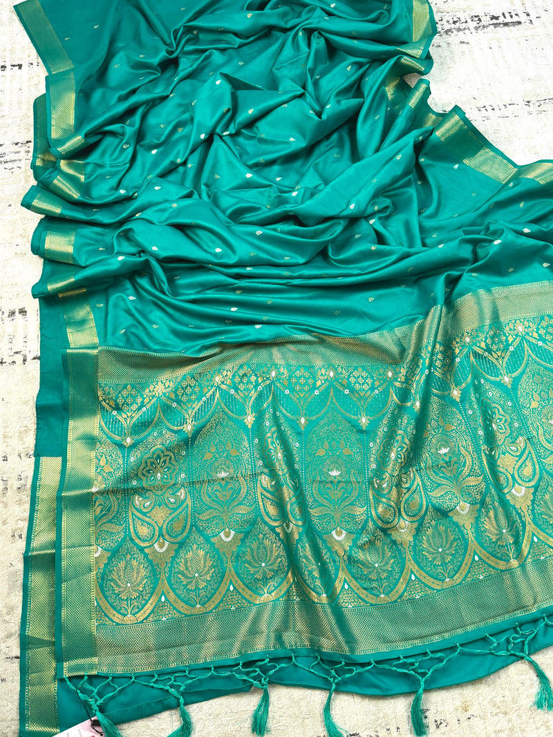 Rama Green saree in soft satin silk with silver and gold zari weave — Kaash Collection