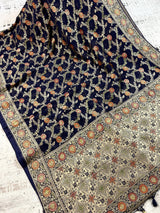 Navy Blue Georgette Silk Saree with Jaal Floral Weave, Meenakari