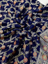 Navy Blue Georgette Silk Saree with Jaal Floral Weave, Meenakari