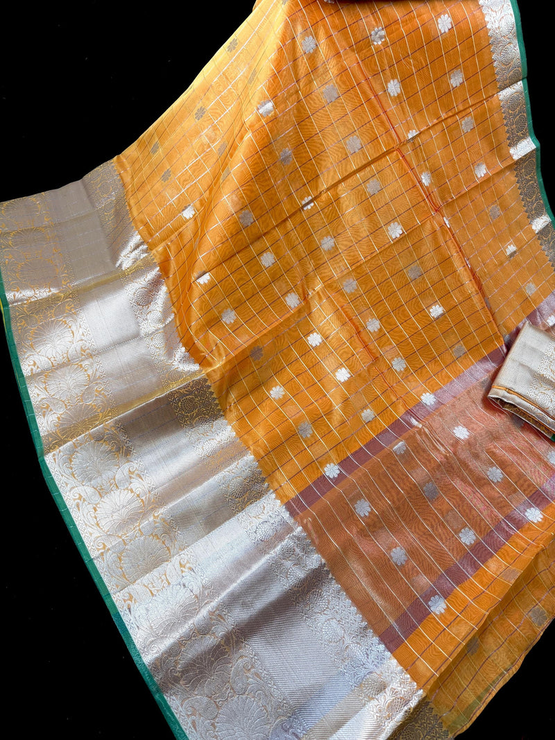 Mango Yellow with Green Border saree in banarasi kora organza silk with check weave with wide silver zari border — Kaash Collection