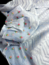 Ice Blue Color Linen blend with Cotton Silk Saree and Embroidery Floral buttis