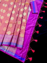 Rust Banarasi Semi Katan Silk Saree with undertone of Purple