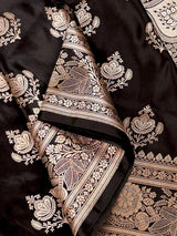 Black Color Mashru Silk Handloom Saree with Muted Gold Zari Weave | Banarasi Mashru Silk Saree | Party Wedding Wear Sarees