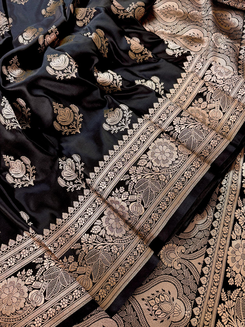Black saree in banarasi mashru silk with muted gold zari weave — Kaash Collection