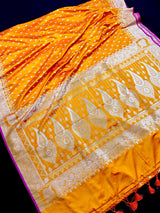 Semi Pure Mango Yellow Dual Tone Soft Banarasi Mashru Silk Handloom Saree