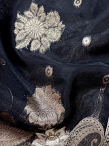 Black Organza Silk Saree with Antique and Sliver Zari, Floral design