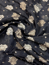 Black Organza Silk Saree with Antique and Sliver Zari, Floral design