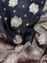 Black Organza Silk Saree with Antique and Sliver Zari, Floral design