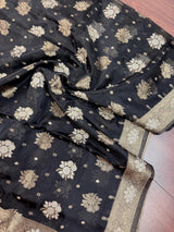 Black Organza Silk Saree with Antique and Sliver Zari, Floral design